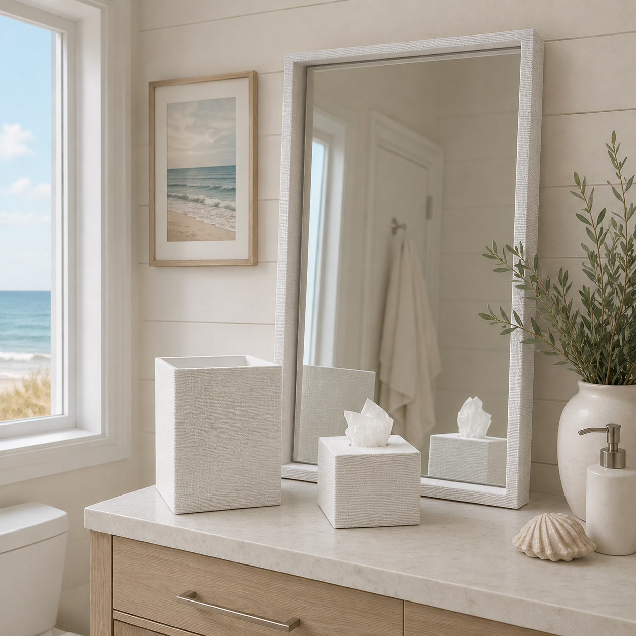 BURLINO FLOATING MIRROR SET - Burlap Fabric Mirror Wastebasket & Tissue Box Set
